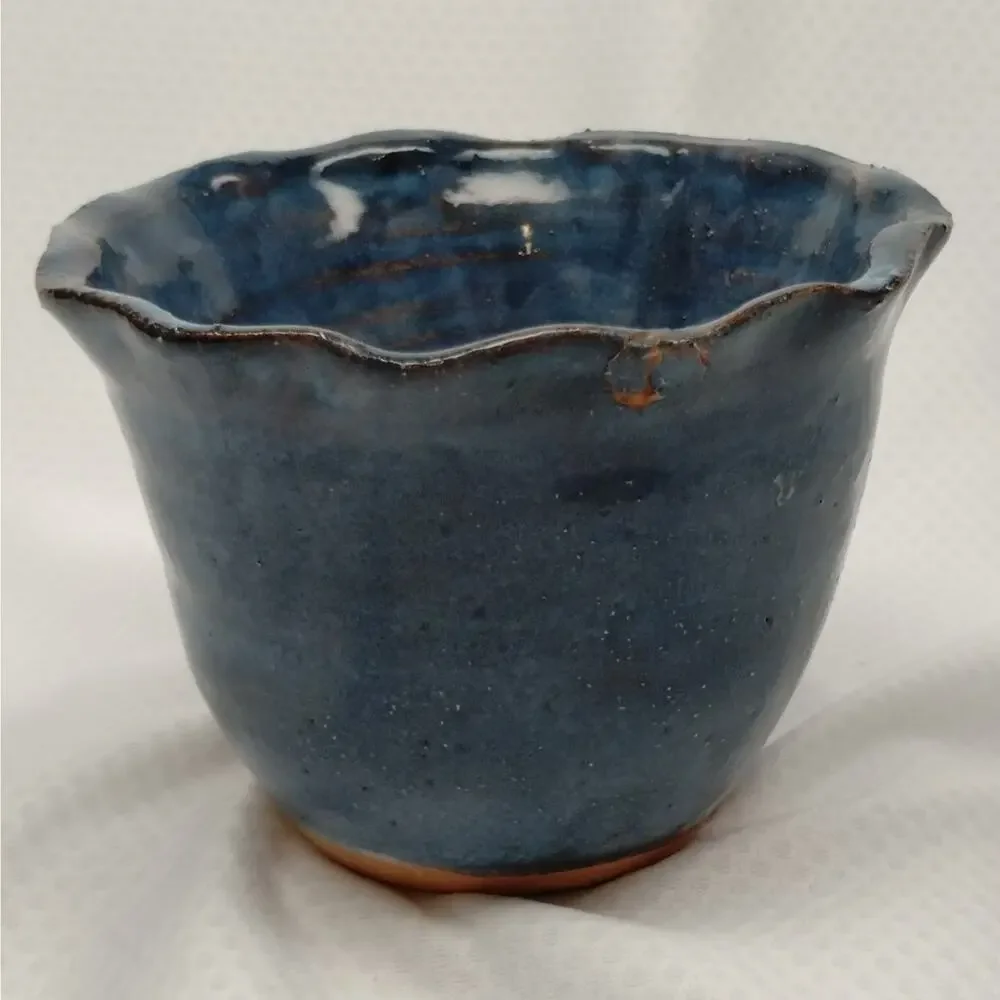Studio Pottery Planter Blue Glaze Scalloped Edge Footed Hand Thrown Signed 5-In